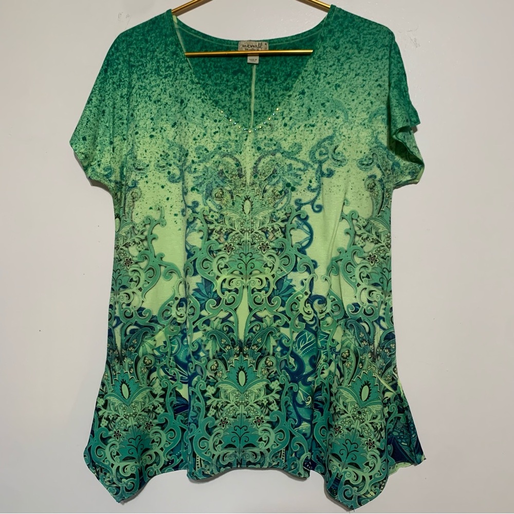 ONE WORLD Emerald Green Patterned Blouse Medium